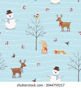 Seamless pattern with cute animals happy on winter season,vector illustration