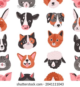 Seamless pattern and cute animals heads   faces white background  Repeating backdrop and funny pets muzzles in doodle style  Colored flat vector illustration endless design for printing