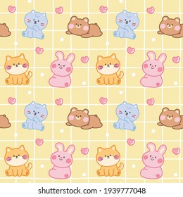Seamless pattern of cute animals with heart on yellow background.Cat,dog,rabbit,bear hand drawn.Cartoon character design.Kid graphic.Wallpaper.Vector.Illustration.