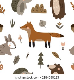 Seamless pattern with cute animals: hedgehog, hare, bear, fox and gifts of nature. Vector illustration isolated on white background in warm colors