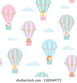 Seamless pattern with cute animals in a hot air balloon. Vector illustration