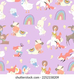 Seamless Pattern with Cute Animals hugging Friends