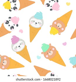 Seamless pattern with cute animals ice cream. Comical kawaii food. Vector Illustration for Baby. Cartoon character bear, panda, sloth.