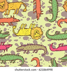 Seamless pattern with cute animals. Images of a crocodile, a fox, a lion. For the design of wallpaper, fabric, printing, postcards, wrapping paper, covers.