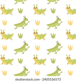 Seamless pattern with cute animals insects - grasshopper. Can use for textile, baby poster, notebook covers, wrapping paper. 