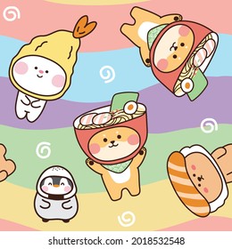 Seamless pattern of cute animals with japanese food on head.Rabbit,dog,penguin,bear.Cartoon character design.Animal doodle.Mascot.Kawaii.Vector.Illustration.