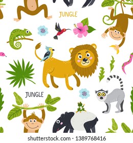 Seamless pattern with cute animals from the jungle. Vector illustration for your design