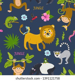 Seamless pattern with cute animals from the jungle. Vector illustration for your design