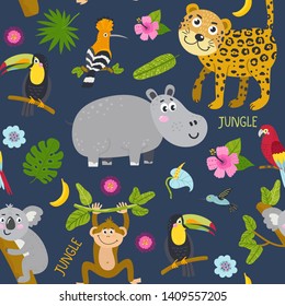 Seamless pattern with cute animals from the jungle. Illustration for backgrounds, card, posters, banners, textile prints, cover, web design