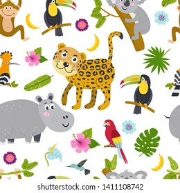 Seamless pattern with cute animals from the jungle. Illustration for backgrounds, card, posters, banners, textile prints, cover, web design