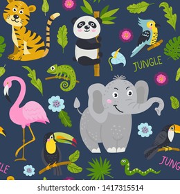 Seamless pattern with cute animals from the jungle. Illustration for backgrounds, card, posters, banners, textile prints, cover, web design