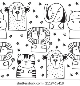 Seamless pattern with cute animals. Jungle theme. Animals zoo with lion, monkey, elephant, tiger and hippo. Suitable for design kid textile, wrapping, fabric. Hand drawn vector Illustration.