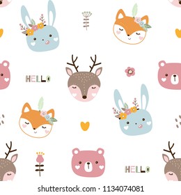 Seamless pattern with cute animals. Kids animals on white background vector illustration
