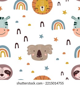 Seamless pattern with cute animals koala, zebra, sloth and lion. Vector illustration for printing. Cute baby background