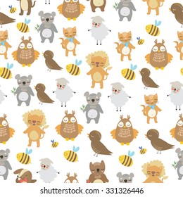 seamless pattern. cute animals. koala, bear,  lion,  cat,  bear,  bee,  dog,  owl,  bird, sheep. Seamless texture for wallpapers, pattern fills, web page backgrounds, surface textures.