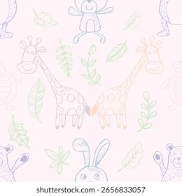 Patrón sin fisuras con lindos animales y hojas. Ilustración vectorial.