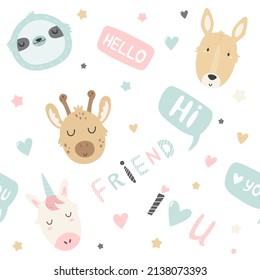 Seamless pattern with cute animals and lettering words. Vector illustration for baby prints, wallpaper, wrapping paper