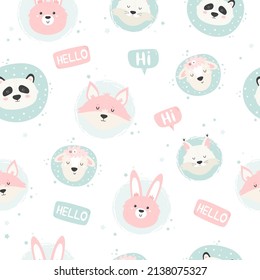 Seamless pattern with cute animals and lettering words. Vector illustration for baby prints, wallpaper, wrapping paper