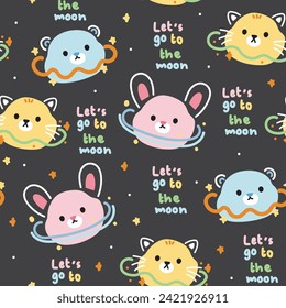 Seamless pattern of cute animals line hand drawn style.Pastel.Planet.Galaxy.Teddy bear,rabbit,cat.Animal character cartoon design collection.Kawaii.Vector.Illustration.