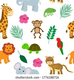 Seamless pattern Cute animals lion elephant giraffe parrot chameleon turtle leopard monkey vector illustration
