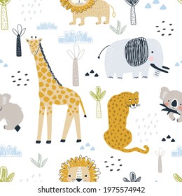 Seamless pattern with cute animals lion cub, leopard, giraffe, elephant and koala on white background. Vector illustration for printing on fabric, packaging paper, clothing. Cute baby background