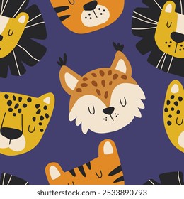 Padrão contínuo com animais bonitos, leão, tigre, lince e leopardo. Adequado para tecido, papel de parede, cartões de saudação e decoração de quarto infantil.