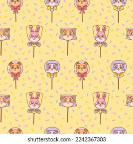 Seamless pattern with cute animals lollipops. Cartoon vector