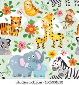 seamless pattern with cute animals mother and baby on green background - vector illustration, eps   