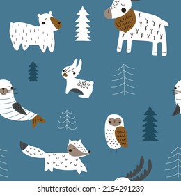 Seamless pattern of cute animals of the north. Vector illustration in Scandinavian style for textile decoration and nursery