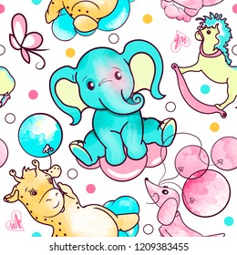 Seamless pattern with cute animals on wight background