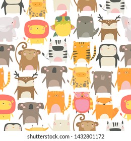 Seamless pattern with cute animals on white background