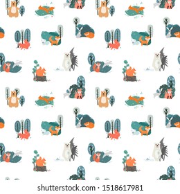 Seamless pattern. Cute animals on the background of the forest, trees, plants. Bear, Fox, Squirrel, Hare. Forest Animals. Vector illustrations in the Scandinavian style