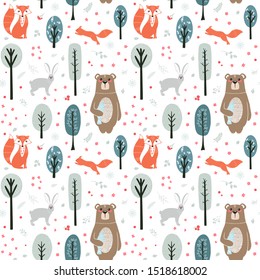 Seamless pattern. Cute animals on the background of the forest, trees, plants. Bear, Fox, Squirrel, Hare. Forest Animals. Vector illustrations in the Scandinavian style