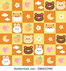 Seamless pattern of cute animals on orange checkered background.Childish cartoon.Image