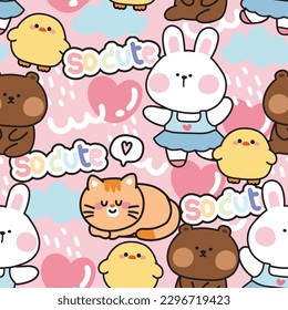 Seamless pattern of cute animals on pink pastel backgorund.So cute word.Heart balloon.Cloud rain.Rabbit,chicken,cat,bear hand drawn.Kawaii.Vector.Illustration.