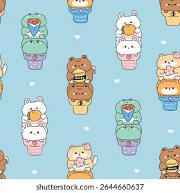 Padrão sem emenda de animais bonitos no fundo do cone do sorvete.Sapo.Urso de pelúcia.Coelho.Coelho.Shiba inu dog.Sweet e sobremesa.Morango,mel,cenoura,sakura flower.Animal design de desenho animado personagem.