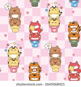 Seamless pattern of cute animals on ice cream cone heart background.Capybara.Giraffe.Fox.Tiger.Sweet and dessert.Apple,star,ball,flower.Animal character cartoon design.Kawaii.Vector.Illustration