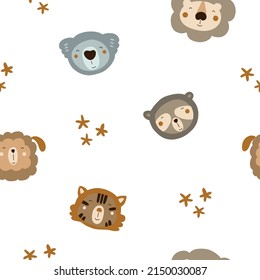 Seamless pattern with cute animals with outer space elements. Vector illustration in warm colors of boho style