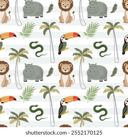 Seamless pattern with cute animals and palm trees. Childish jungle background. Tropical wallpaper.