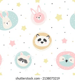 Seamless pattern with cute animals panda, rabbit, llama, raccoon, owl and stars. Vector illustration for baby prints, wallpaper, wrapping paper