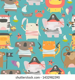 Seamless pattern with cute animals with pirate and sailor attributes style