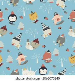 Seamless Pattern of Cute Animals playing Winter Games in the Forest