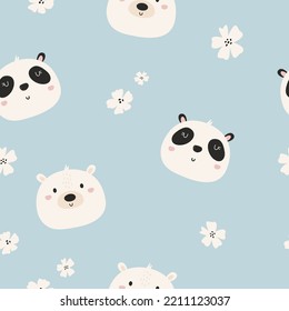 Seamless pattern with cute animals polar bear and panda. Cute design with animal faces for cloth prints, wallpaper, wrapping paper