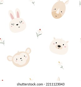 Seamless pattern with cute animals polar bear, rabbit, monkey and rhino. Cute design with animal faces for cloth prints, wallpaper, wrapping paper