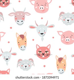 Seamless pattern with cute animals for print design. Woodland animal and farm animal illustration. Vector drawing.