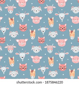 Seamless pattern with cute animals for print design. Woodland animal and farm animal illustration. Vector drawing.