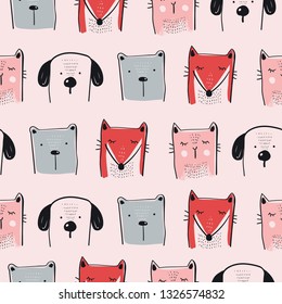  seamless pattern with cute animals. puppy, cat ,bear and fox. hand drawn cartoon vector illustration.Can be used for t-shirt print, kids wear fashion design, baby shower invitation card. 