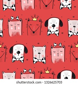  seamless pattern with cute animals. puppy, cat ,bear and fox. hand drawn cartoon vector illustration.Can be used for t-shirt print, kids wear fashion design, baby shower invitation card. 