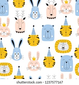 Seamless pattern with cute animals. Repeat background with bear, bunny, tiger. Scandinavian design.