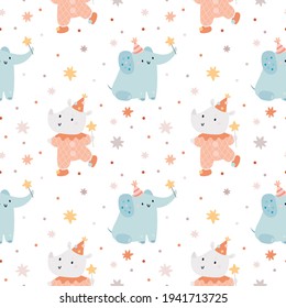 Seamless pattern with cute animals. Rhinoceros simple pattern. Festive pattern with elephants. Background with magic wizards. Kids texture. Nursery prints for textile, apparel, wrapping paper